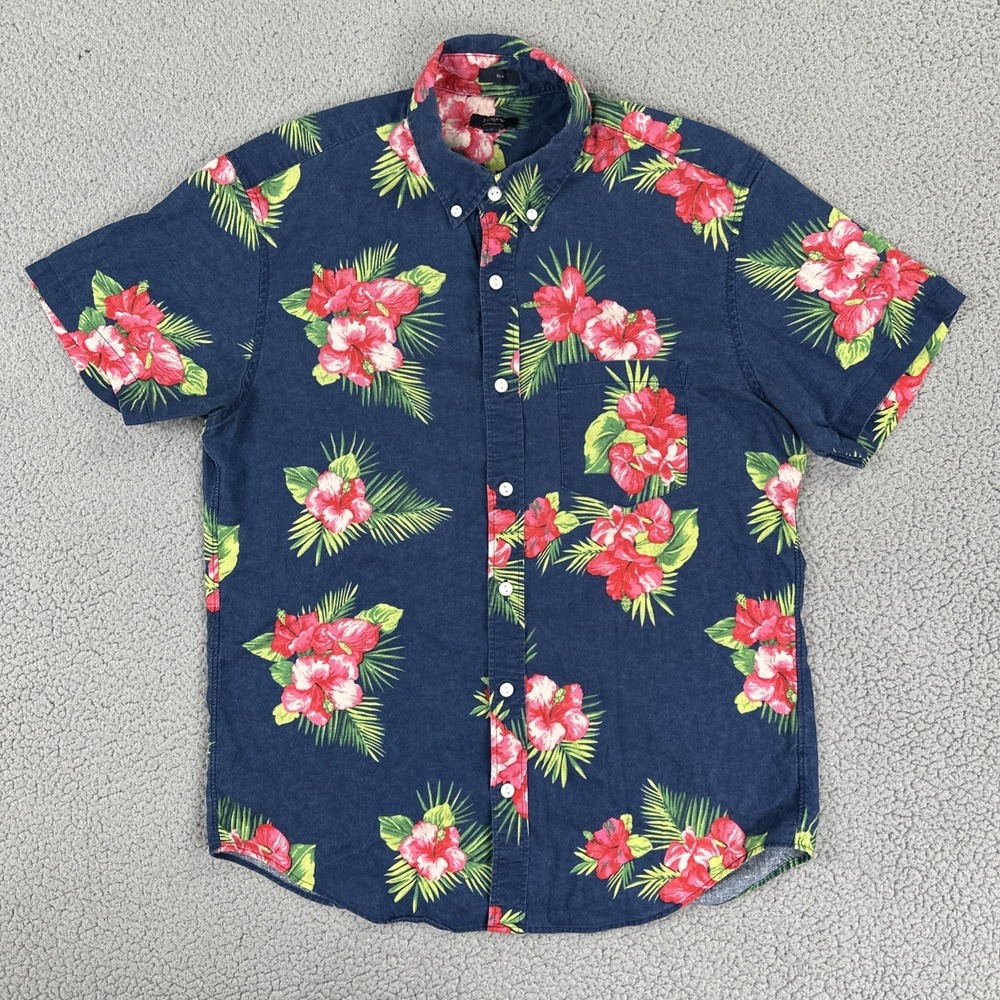 J.‎ Crew Floral Hawaiian Shirt Men Medium Blue Slim Fit Button-Down Linen Cotton